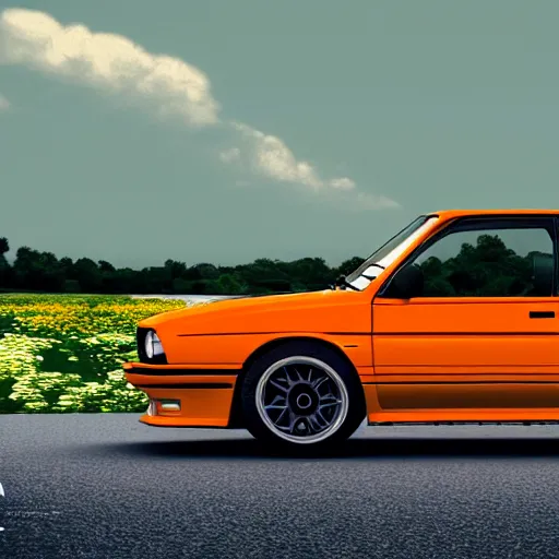 Image similar to blender render of orange bmw e 3 0 m 3 in a field of flowers, picture taken from below