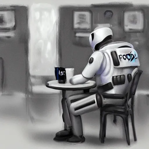 Image similar to a robotic police officer drinking tea in a coffee shop sitting down relaxed, photo realistic