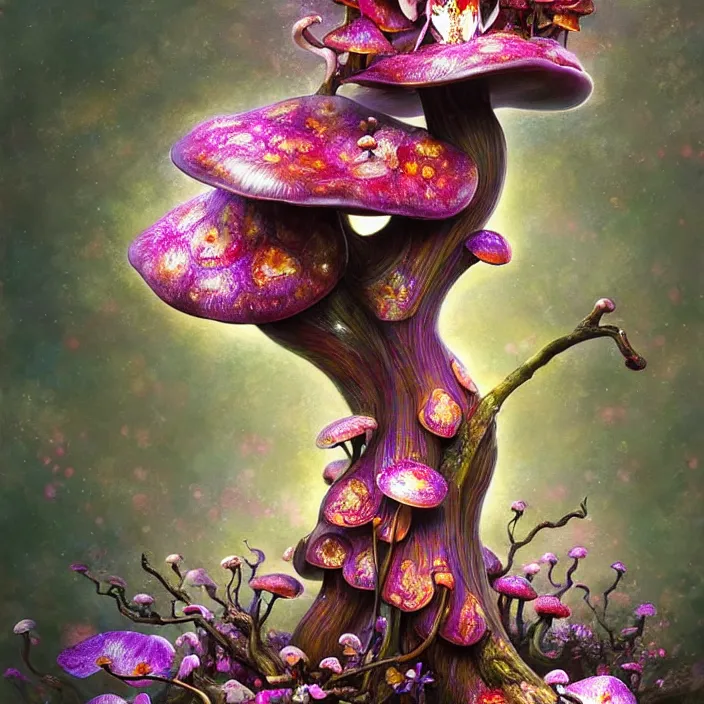Image similar to extremely psychedelic statue made of orchid and cherry blossom tree and mushroom, LSD, diffuse lighting, fantasy, intricate, elegant, highly detailed, lifelike, photorealistic, digital painting, artstation, illustration, concept art, smooth, sharp focus, art by John Collier and Albert Aublet and Krenz Cushart and Artem Demura and Alphonse Mucha