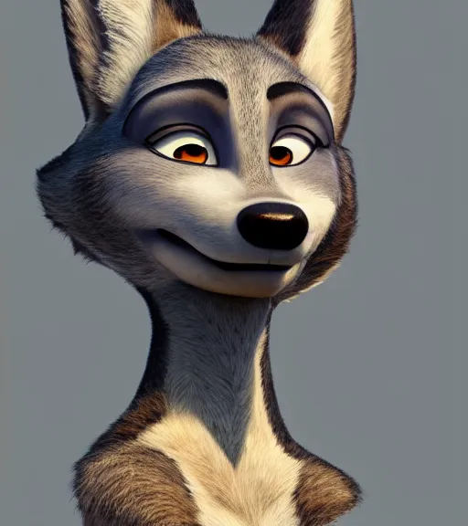 Image similar to oil painting bust of anthromorphic female wolf, in style of zootopia, zootopia, zootopia, fursona, furry, furaffinity, 4 k, deviantart, furry art, fursona art, wearing black business suit, business suit, in style of zootopia, wolf fursona, cyberpunk, female, expressive detailed feminine face,