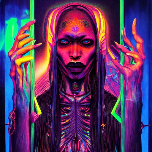 Image similar to a death tarot featuring a haitian voodoo priestess with menacing eyes, blacklight neon colors, by anton semenov and android jones in cyberpunk voodoo style, oil on canvas, 8k