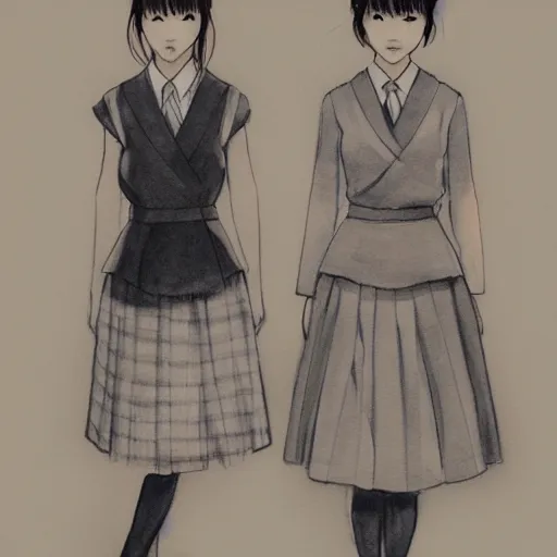 Image similar to a perfect, realistic professional digital sketch of two Japanese schoolgirls posing, in style of Marvel, full length, by pen and watercolor, by a professional American senior artist on ArtStation, a high-quality hollywood-style sketch, on high-quality paper