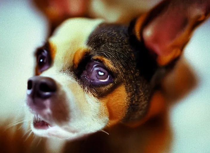 Image similar to a extreme close - up photo, color studio photographic portrait of a little dog, dramatic backlighting, 1 9 9 3 photo from life magazine,