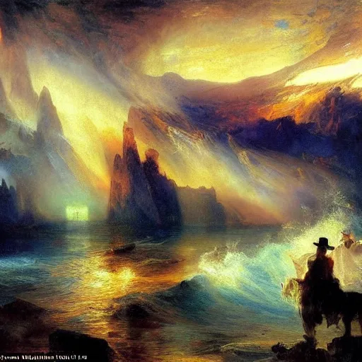Image similar to political cartoon robust, atmospheric by thomas moran. conceptual art. paralyzed by the indescribable beauty of the cosmos.