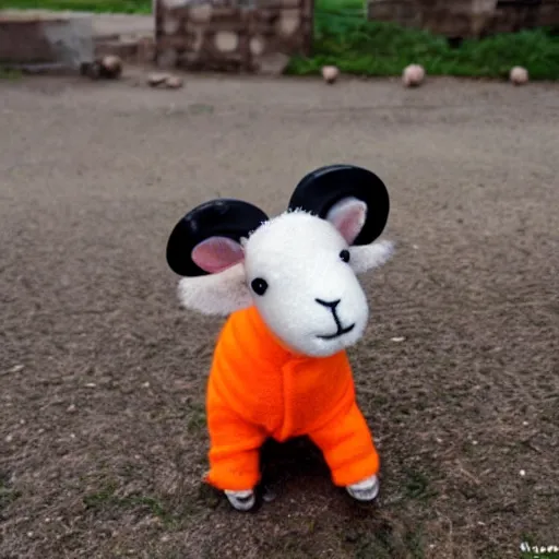 Image similar to cute little sheep wearing orange inmate clothes