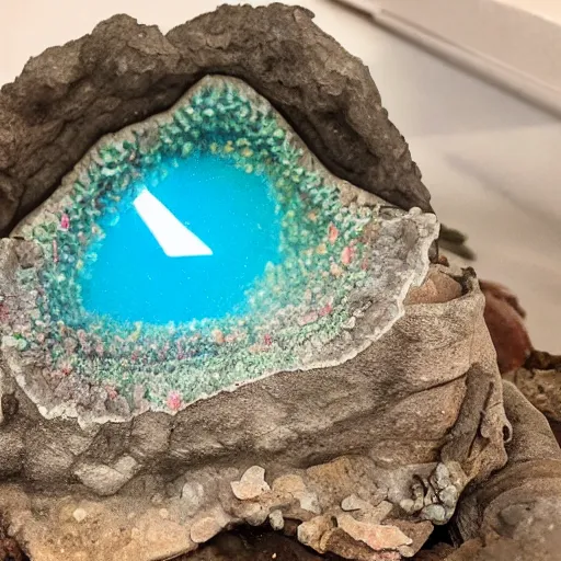 Image similar to photorealistic tiny dinosaur skeleton inside a geode of colored crystals