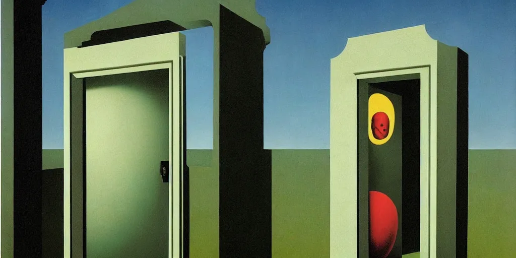 Image similar to A door that opens to another dimension by Richard Corben, by by René Magritte, surrealism, gothic, baroque