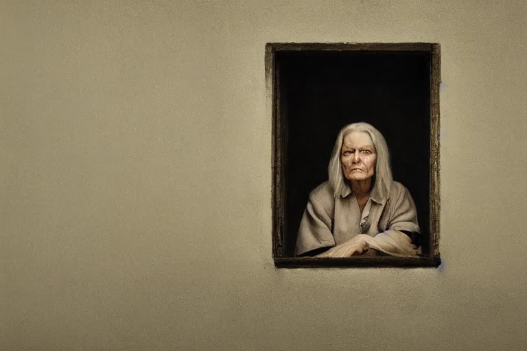 Prompt: a cinematic painting of an old female prisoner inside of jail cell looking out of a window onto a beautiful serene landscape, beautiful lighting, high depth, ultra realistic, artistic, by annie leibovitz, by hendrik kerstens