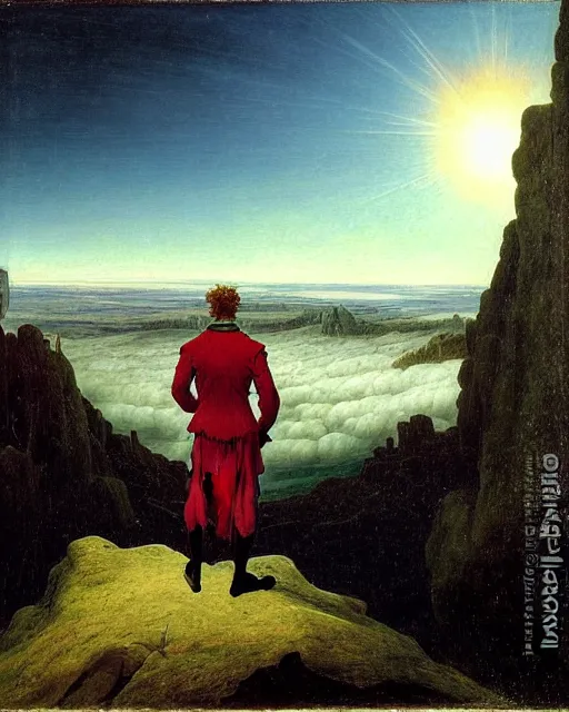 Prompt: the wanderer above the sea of clouds, by caspar david friedrich, 1 8 1 8, oil on canvas, 7 4. 8 x 9 4. 8, hamburg kunstalle, german romanticism