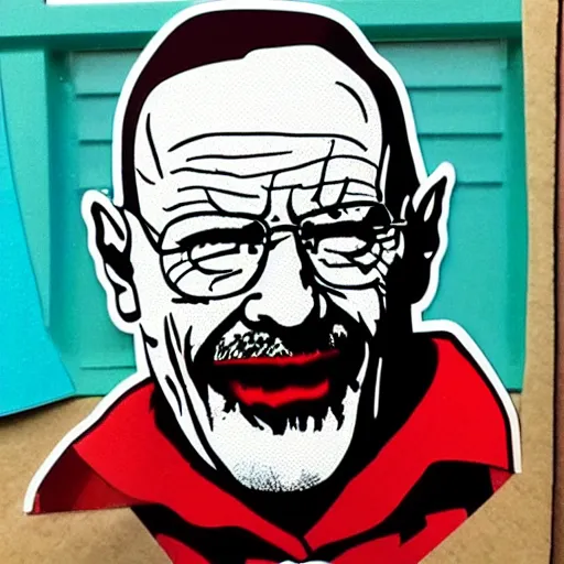 Image similar to die cut sticker, walter white laughing like the joker, splatter paint