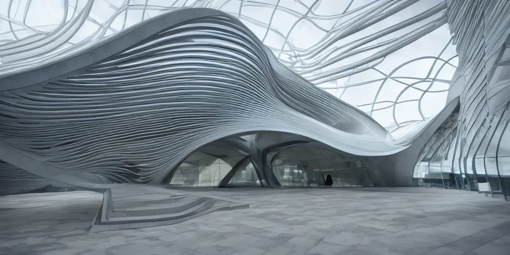 Image similar to extremely elegant smooth detailed stunning sophisticated beautiful elegant futuristic museum exterior by Zaha Hadid, smooth curvilinear design, stunning volumetric light, stainless steal, concrete, translucent material, beautiful sunset, tail lights