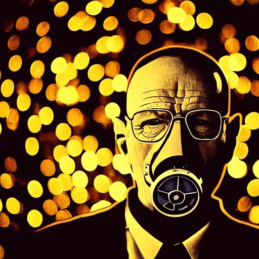 Prompt: A photo of Walter White at the club, disco lighta, gas mask, bokeh