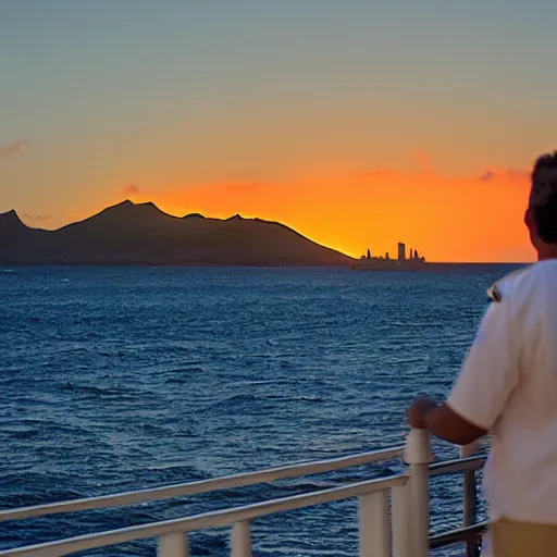 Image similar to a sailor watching the sunset with diamond head hawaii in the background