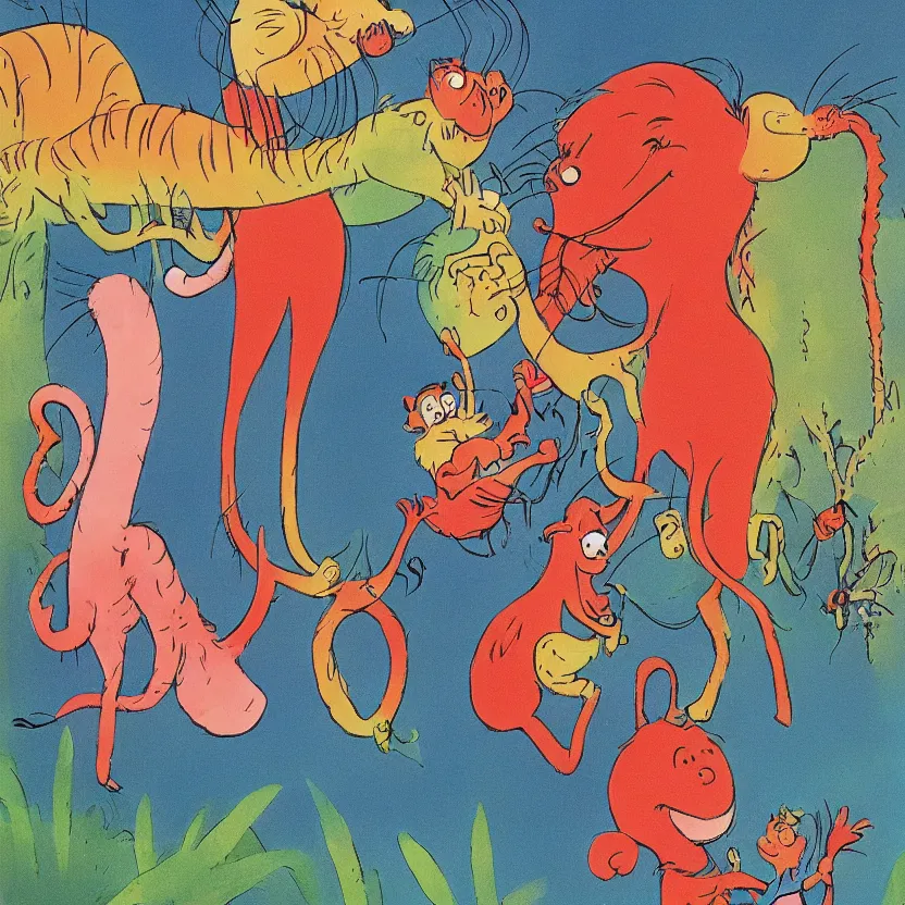 Image similar to small child swung between a mommy and a daddy at a zoo, by Dr. Seuss and Don Freeman, illustration, warm colors, award winning