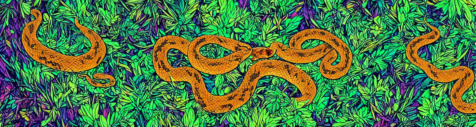 Image similar to a snake in the jungle seen through the psychedelics effects from ayahuasca