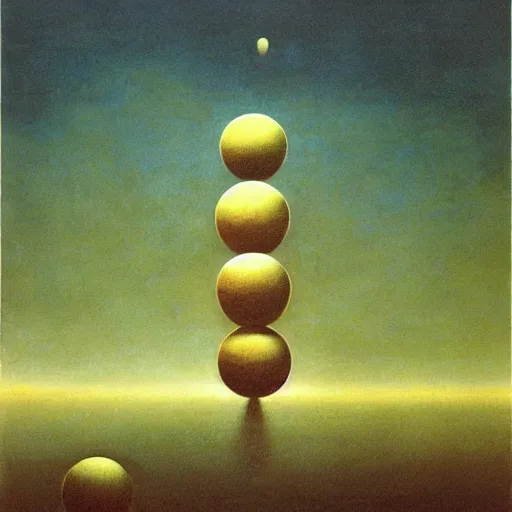 Prompt: multiple spheres floating above the horizon, spread out horizontally, separated symmetrically, zdzislaw beksinski