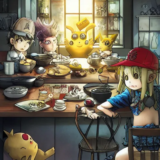 Image similar to goth pikachu detective making dinner, color page, tankoban, 4 k, tone mapping, akihiko yoshida, james jean andrei riabovitchev marc simonetti, yoshitaka amano, long hair, curly, h. hydrochaeri