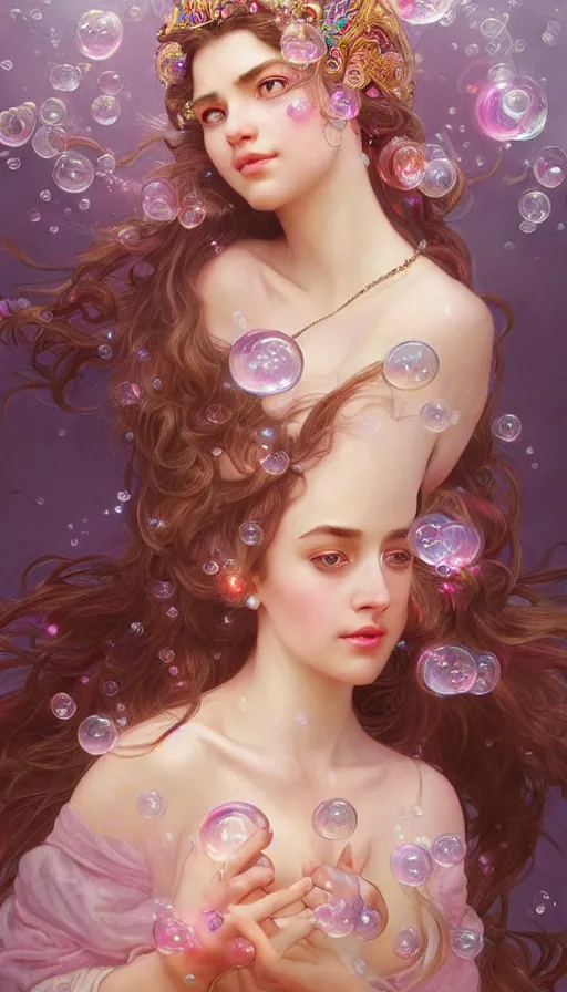 Image similar to portrait of stunning Goddess of magic, dreamy and ethereal, expressive pose, big pink eyes, peaceful expression, ornate frilly dress, fantasy, intricate, elegant, many rainbow bubbles, rose tones, highly detailed, digital painting, artstation, concept art, smooth, sharp focus, illustration, art by artgerm and greg rutkowski and alphonse mucha