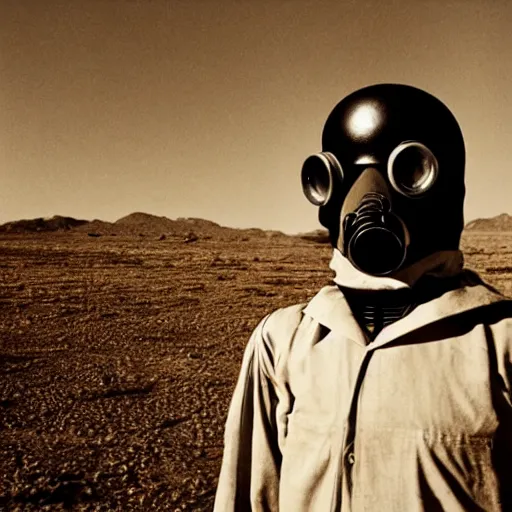 Image similar to an 1 8 0 0's admiral wearing a gasmask, in the desert, film still, arriflex 3 5