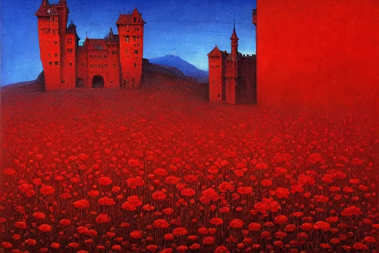 Image similar to only with red, red flowers, a red tiger, a castle in the background, medieval demons, an ancient path, in the style of beksinski, part by hopper, part by rodcenko, part by hofbauer, intricate composition, red by caravaggio, insanely quality, highly detailed, masterpiece, red light, artstation