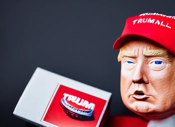 Image similar to !dream product still of Donald Trump wearing a red cap funko pop with box, 85mm f1.8