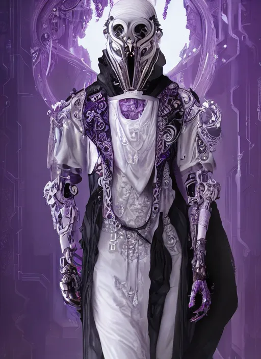 Image similar to a handsome male ornate cyborg with a white techwear mask, purple garment with art nouveau ivory accessories, dressed in black intricate lace and jewels, ethereal, misty, cyberpunk, darksynth, luxury, concept art by zeen chin, extremely detailed, artstation, andree wallin, edvige faini, alphonse mucha, 8 k, unreal engine 5