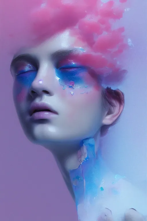 Prompt: 3 d, close - up, liquid white oil, sleepy fashion model, deep blue fog, smoke, poster art, high detail, intricate oil painting, multiple exposure, deep pink color palette, hyperrealism, 3 d, by tooth wu and wlop and beeple and greg rutkowski
