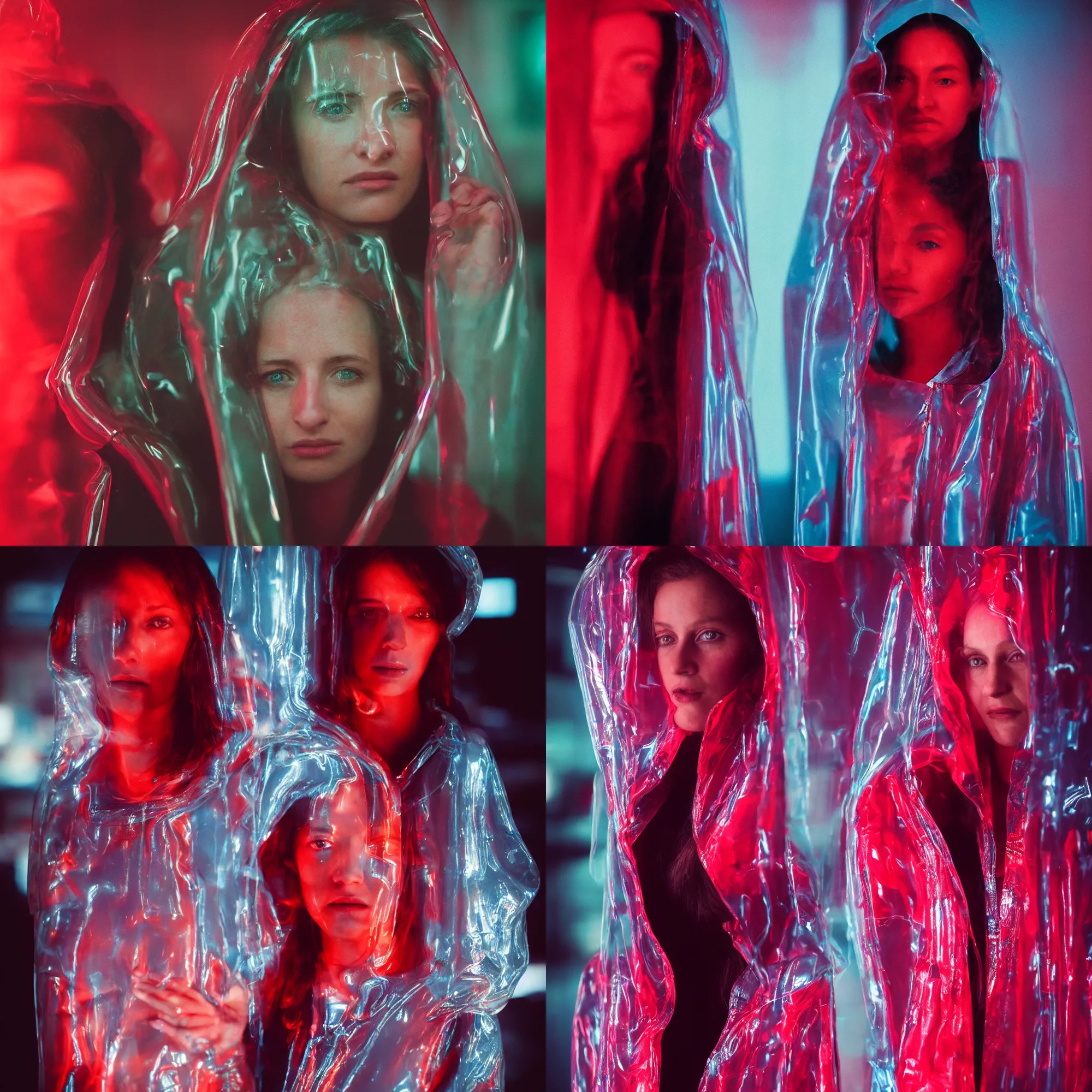 Prompt: A hyper realistic and detailed head portrait photography of a woman wearing a futuristic transparent raincoat with hoodie by annie leibovitz. Neo noir style. Cinematic. Red neon lights and glow in the background. Cinestill 800T film. Lens flare. Swirly bokeh.