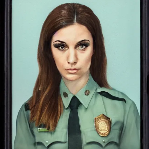 Image similar to portrait of young woman, green eyes, brunette, flipped out hair, officer uniform