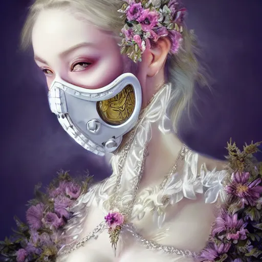 Image similar to A masterpiece ultrarealistic ultradetailed portrait of a Incredibly beautiful angel armored princess knight IN INCREDIBLE ceramic GAS MASK WITH FLOWERS and swarovski crystals. baroque renaissance. in the forest. White amazing corset. medium shot, intricate, elegant, highly detailed. trending on artstation, digital art, by Stanley Artgerm Lau, WLOP, Rossdraws, James Jean, Andrei Riabovitchev, Marc Simonetti, Yoshitaka Amano. background by James Jean and Gustav Klimt, light by Julie Bell, 4k, porcelain skin. BY ZDIZISLAW BEKSINSKI Cinematic concept art