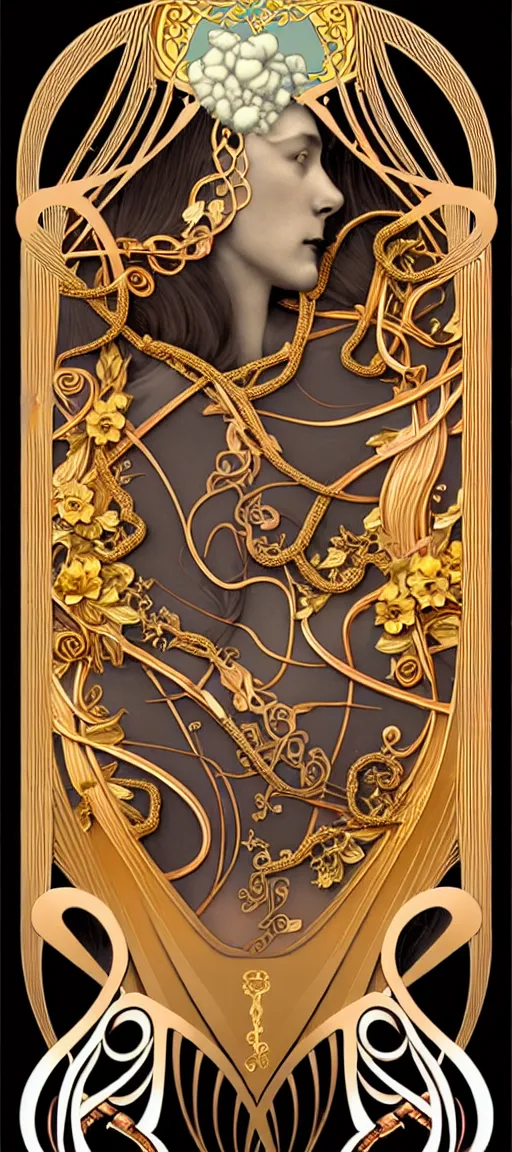 Prompt: the source of future growth dramatic, elaborate emotive Art Nouveau styles to emphasise beauty as a transcendental, seamless pattern, symmetrical, large motifs, hyper realistic, 8k image, 3D, supersharp, Art nouveau 3D curves and swirls, copper and Gold pipes, silk ribbons and golden chains, swarovski crystals, iridescent and black and shiny gold colors , perfect symmetry, iridescent, High Definition, sci-fi, Octane render in Maya and Houdini, light, shadows, reflections, photorealistic, masterpiece, smooth gradients, no blur, sharp focus, photorealistic, insanely detailed and intricate, cinematic lighting, Octane render, epic scene, 8K