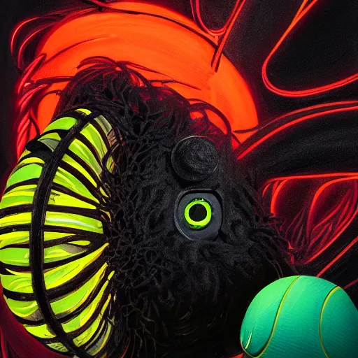 Prompt: a tennis ball monster starring into the camera, fixed eyes, flowing black coat with glowing neon orange trim, inside a museum, colorful, surreal, dramatic lighting, face, detailed, intricate, elegant, highly detailed, digital painting, artstation, concept art, smooth, sharp focus, illustration, art by sam spratt, dan mumford, artem demura and alphonse mucha