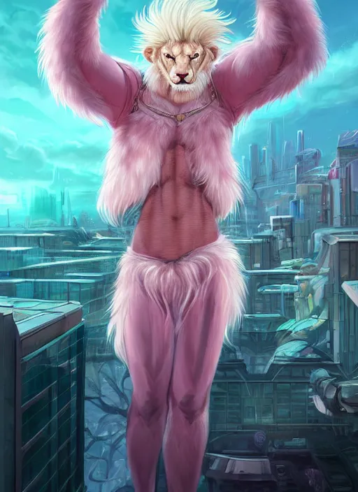 Image similar to aesthetic portrait commission of a of a male fully furry muscular anthro albino lion with a tail and a beautiful attractive hyperdetailed face wearing stylish and creative wearing pink and mint male crop top outfit in a sci-fi dystopian city at golden hour while it storms in the background. Character design by charlie bowater, ross tran, artgerm, and makoto shinkai, detailed, inked, western comic book art, 2021 award winning film poster painting