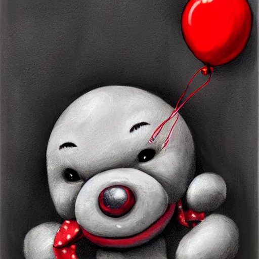 Prompt: surrealism grunge cartoon portrait sketch of a teddy bear with a wide smile and a red balloon by - michael karcz, loony toons style, billie eilish style, horror theme, detailed, elegant, intricate