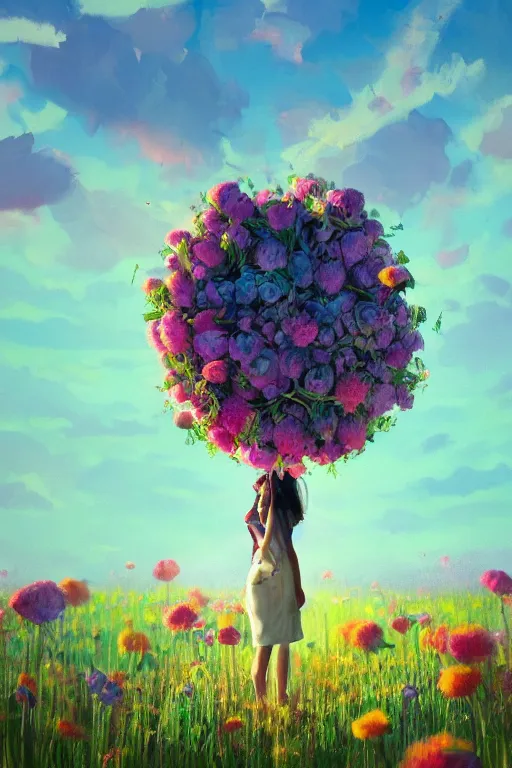 Image similar to closeup, giant flower head, girl in suit standing in a field of flowers, surreal photography, sunrise, blue sky, dramatic light, impressionist painting, digital painting, artstation, simon stalenhag