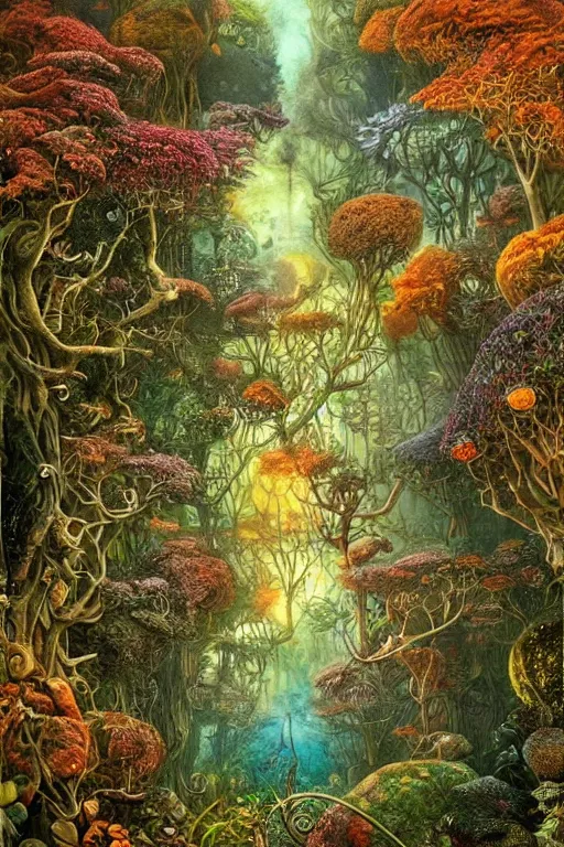 Image similar to the most epic beautiful detailed landscape to give us hope that life is worth living in a surreal depth, world in a orange green fantasy forrest style of daniel merriam concept art