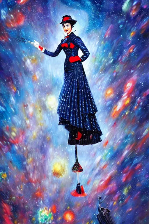 Image similar to beautiful oil painting with high detail of Marry Poppins made of stars and plasma; seemlessly blending wirh the cosmos, art direction by James Cameron ;by artgerm; wayne reynolds art station; cinematic quality character render; low angle; ultra high quality model; production quality cinema model; marry Poppins escher punk