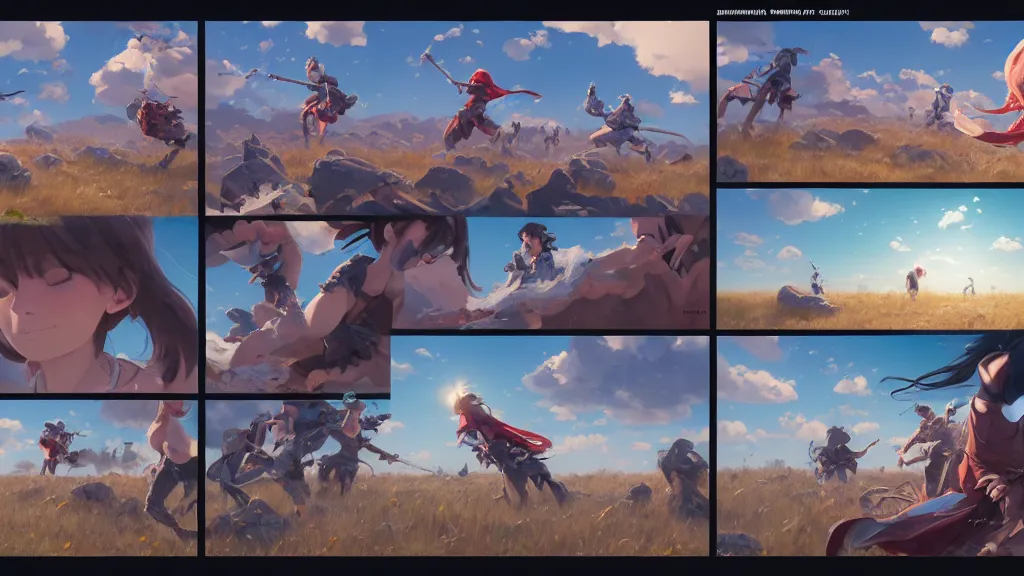 Prompt: highly detailed comic spread combination of art styles depicting an impactful action scene on open meadow clear sky at noon with expert design fictional characters, dynamic art by sakimi, bright colors, moebius, makoto shinkai, murata, james jean, craig mullins, digital painting, masterpiece, best selling, pixiv, volumetric lighting, realistic shaded lighting, 8 k