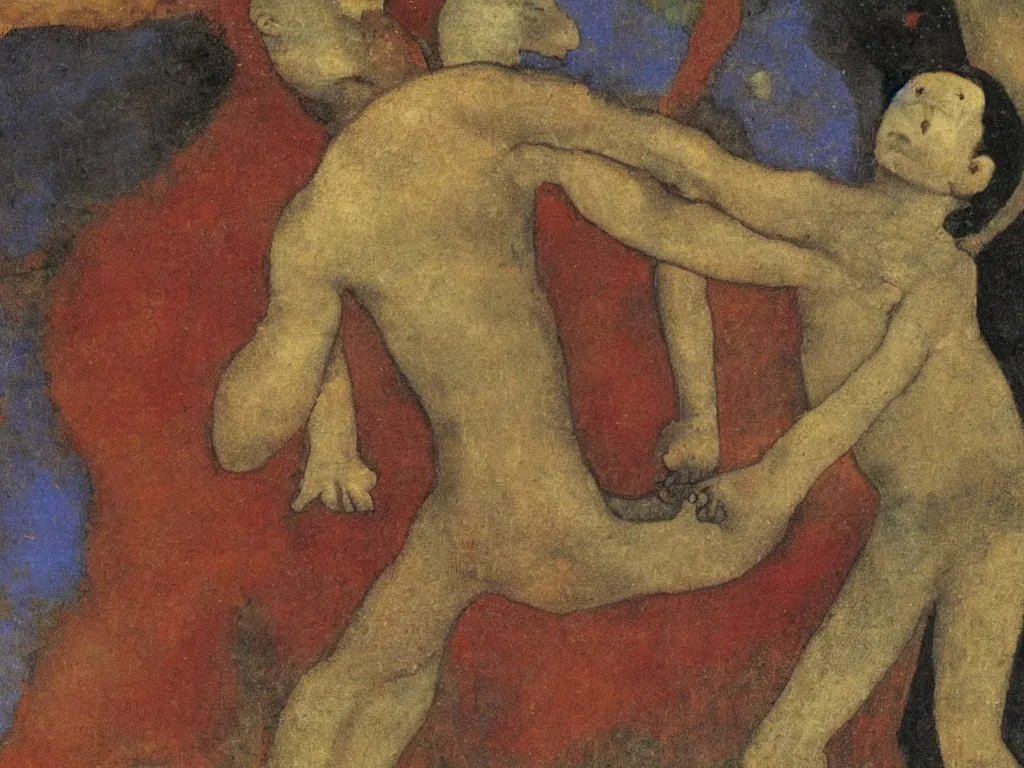 Prompt: Close up of a small devil taking the soul from the chest of a dead man. Painting by Odilon Redon, Piero della Francesca