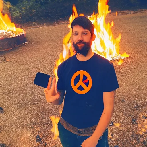 Image similar to a selfie of a guy making a peace sign while standing in a fire