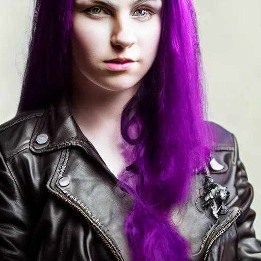 Image similar to A majestic portrait of a young woman with long purple hair, wearing a leather jacket, highly detailed, 4k, DSLR photograph