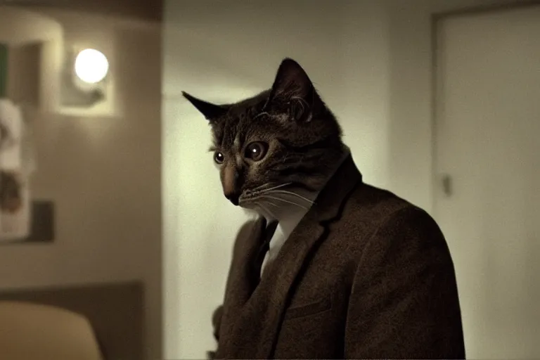 Image similar to film still of a genetically modified anthropomorphic humanoid cat - detective. neo - noir. directed by ridley scott.