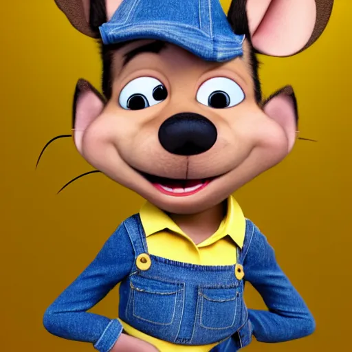 Image similar to 3 d render, portrait, headshot, closeup, anthropomorphic mouse, female, wearing denim short shorts and a off yellow tank top shirt, in the style of flushed away