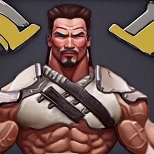 Image similar to a screenshot of arnold schwarzenegger as hanzo in overwatch