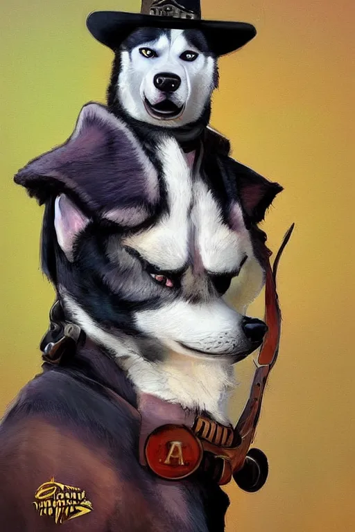 Image similar to a [ portrait painting ] of a husky in cowboy costume in the style of anime, [ character design ], [ a fistful of dollars ], [ per un pugno di dollari ], humanoid, personify, anthropomorphic, treniding on artstation