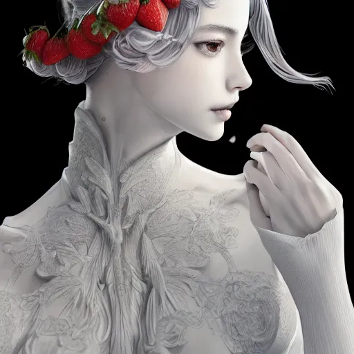 Image similar to the portrait of an absurdly beautiful, graceful, elegant, sophisticated, fashionable young gravure idol made of strawberries and white petals, an ultrafine hyperdetailed illustration by kim jung gi, irakli nadar, intricate linework, bright colors, octopath traveler, final fantasy, unreal engine 5 highly rendered, global illumination, radiant light, detailed and intricate environment