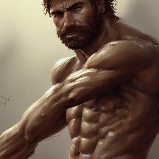 Image similar to portrait of a rugged ranger, muscular, upper body, hairy torso, detailed detailed detailed hands hands hands hands, D&D, fantasy, bare bare bare bare thighs thighs thighs intricate, elegant, highly detailed, digital painting, artstation, concept art, smooth, sharp focus, illustration, art by wlop