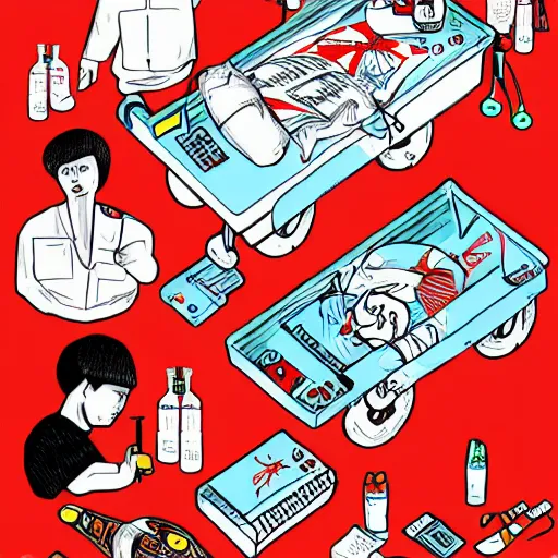 Image similar to chinese surgery operating table, in the style of daniel johnston and outsider art, 8k, line brush, overlaid with chinese adverts