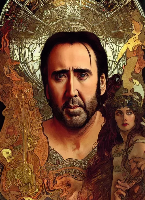 Prompt: Nicolas Cage as God of Hell, brutal, fantasy, intricate, elegant, highly detailed, digital painting, 4k, HDR, concept art, smooth, sharp focus, illustration, art by alphonse mucha,artgerm, H R Giger