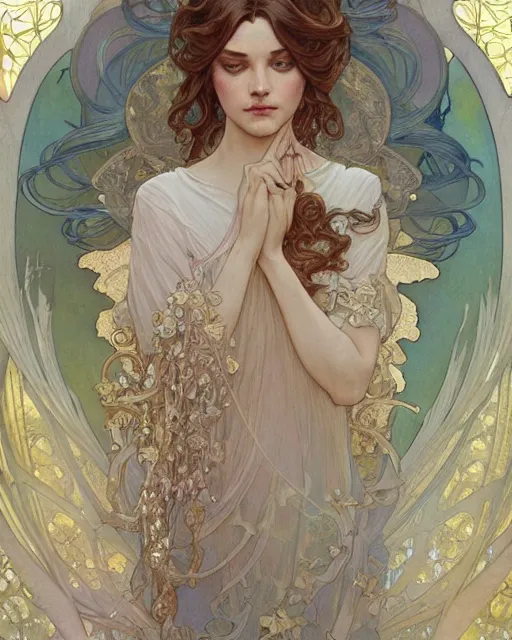 Image similar to an angel, highly detailed, very intricate, art nouveau, gold filigree, romantic storybook fantasy, soft cinematic lighting, award - winning, disney concept art watercolor illustration by mandy jurgens and alphonse mucha and alena aenami, pastel color palette, featured on artstation